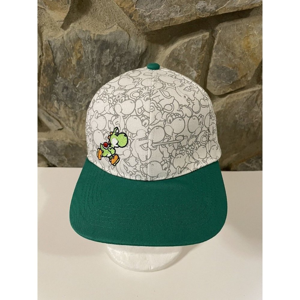 Yoshi Hat Snapback Hat Cap RARE Super Mario Bros Green White Embroidered Stencil